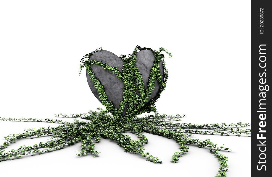 Render of a heart overgrown with ivy.