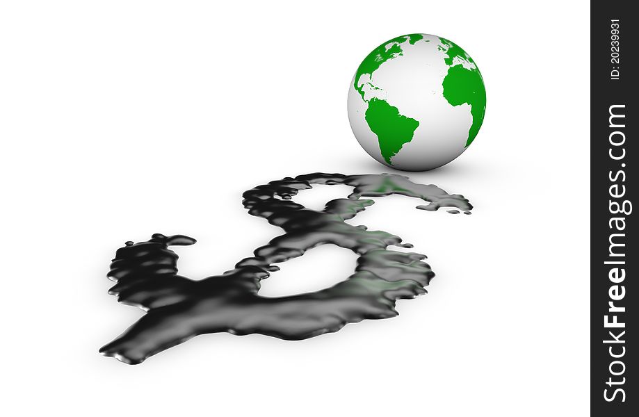 Render of our planet leaking oil in the shape of a dollar