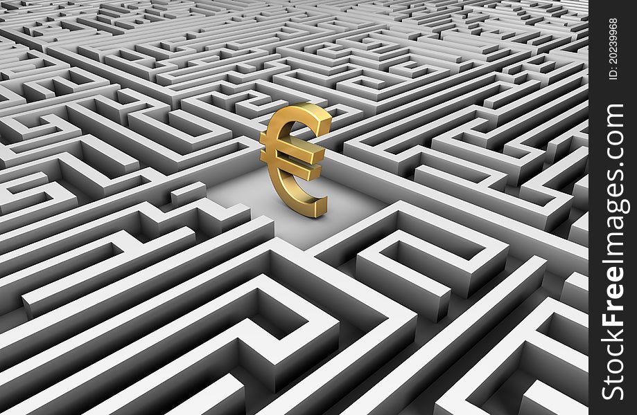 Render of a golden euro symbol in a maze