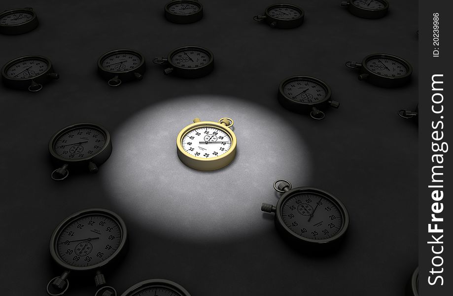 Render of a group of clocks with one in the spotlight. Render of a group of clocks with one in the spotlight