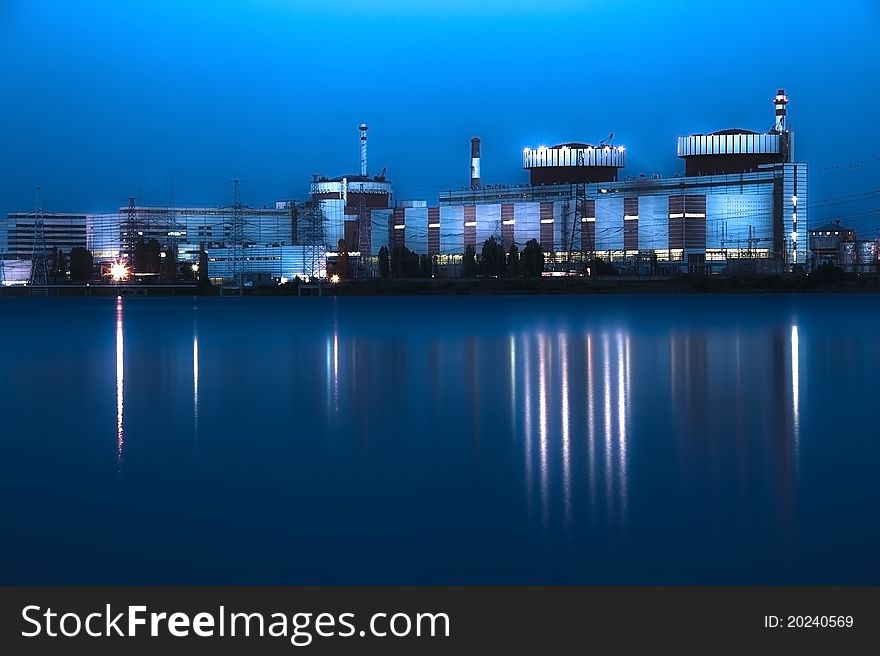 Nuclear power plant at night in South Ukraine