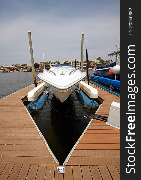 A view of the private motor yacht, docked in the marina. A view of the private motor yacht, docked in the marina.