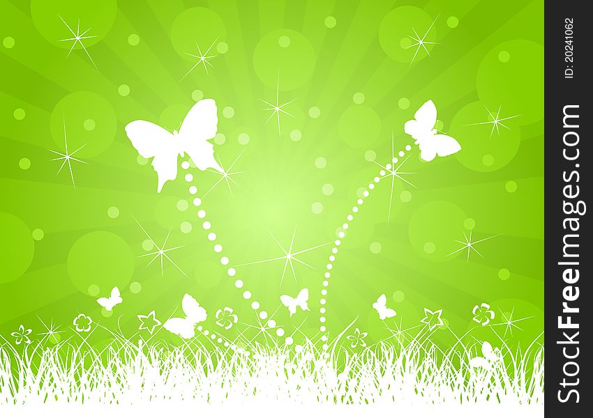 White butterflies on a green background. A  illustration. White butterflies on a green background. A  illustration