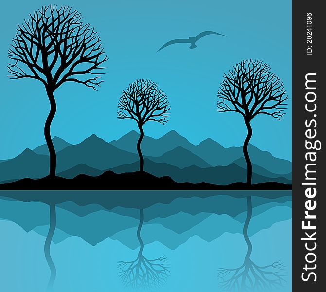 Trees are reflected in lake. A illustration. Trees are reflected in lake. A illustration