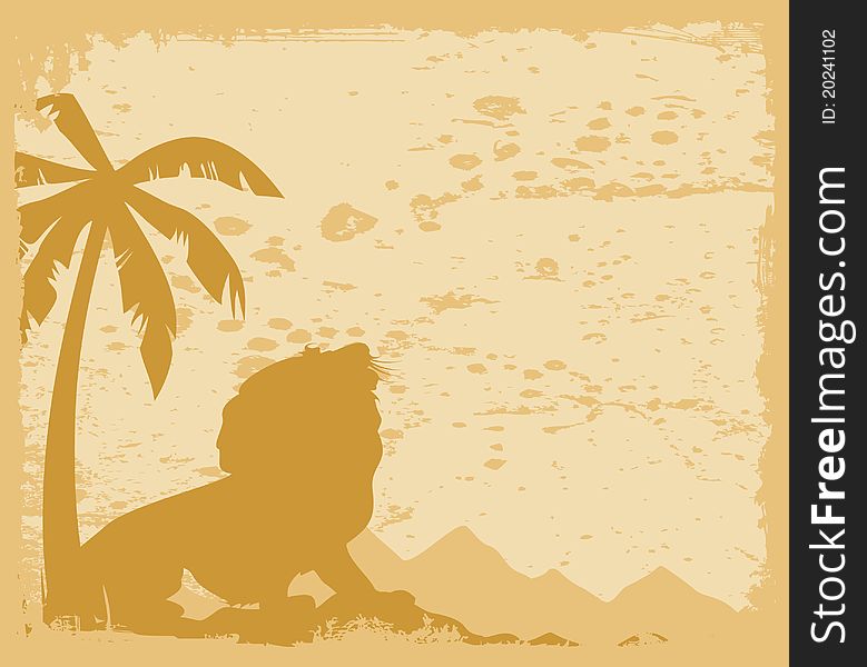 The lion growls under a palm tree. A  illustration. The lion growls under a palm tree. A  illustration