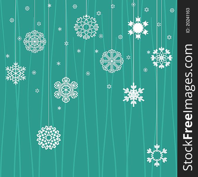 Snowflakes hang on threads on a dark blue background. A  illustration. Snowflakes hang on threads on a dark blue background. A  illustration
