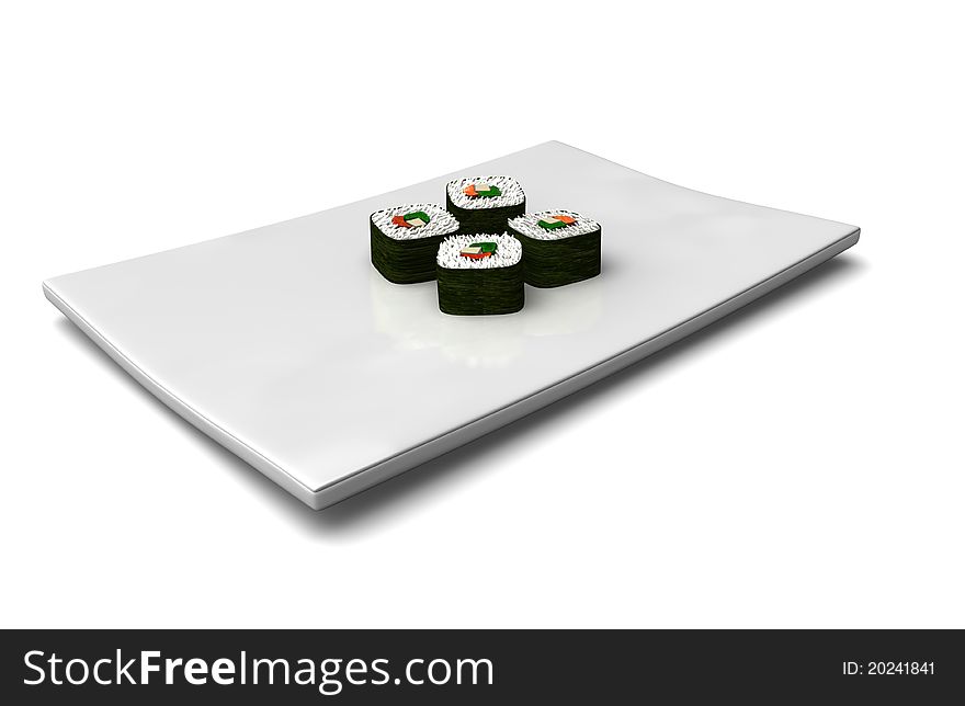 4 sushi rolls served on a white rectangular plate isolated on white. 4 sushi rolls served on a white rectangular plate isolated on white