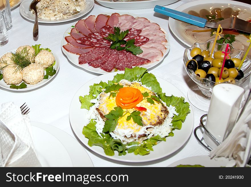 Food at banquet table. wedding