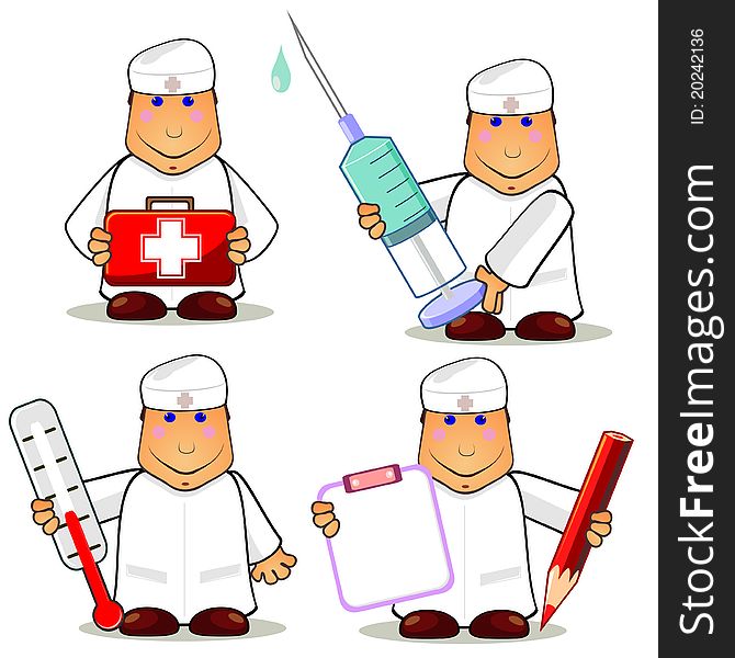 Set of smiling cartoon doctors with different medical things. Set of smiling cartoon doctors with different medical things