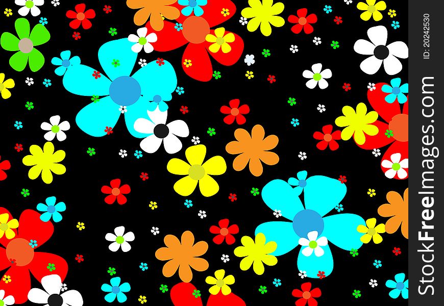 Multi-colored flowers of the different size on a black background. Multi-colored flowers of the different size on a black background
