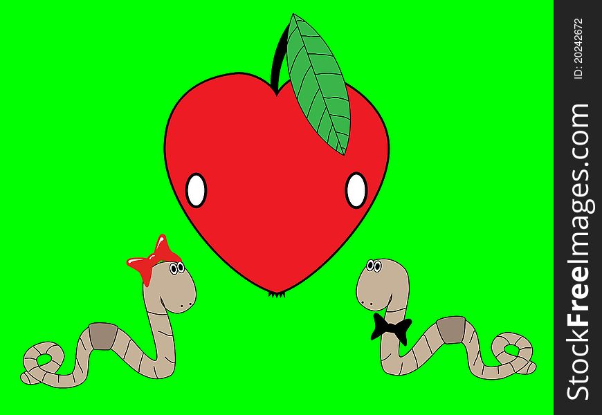 Worm the boy and the girl near an apple. Worm the boy and the girl near an apple