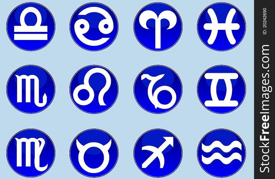 12 zodiac signs from stars in dark blue circles. 12 zodiac signs from stars in dark blue circles