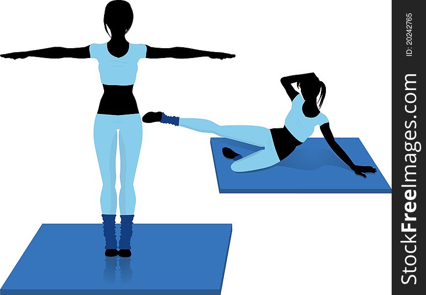 Detailed silhouettes of two women in blue gym clothes excercising on mats. Detailed silhouettes of two women in blue gym clothes excercising on mats