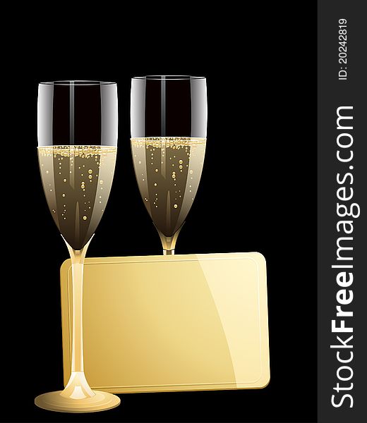 Two glasses of sparkling champagne with a glossy gold message tag. Two glasses of sparkling champagne with a glossy gold message tag