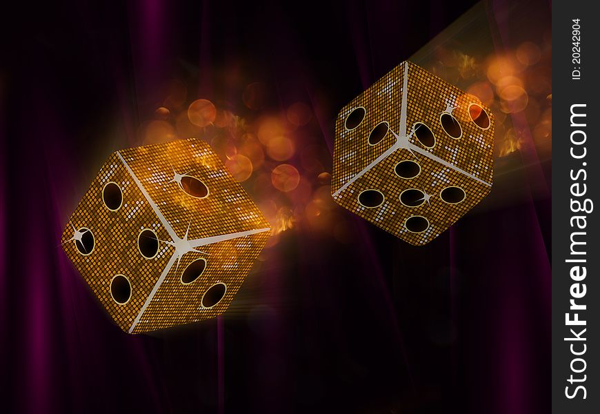 Gold mosaic dice with sparkles and blurs on a puple textured backgrond. Gold mosaic dice with sparkles and blurs on a puple textured backgrond