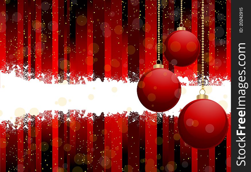 Glossy red Christmas baubles on a striped background with grunge banner. Glossy red Christmas baubles on a striped background with grunge banner