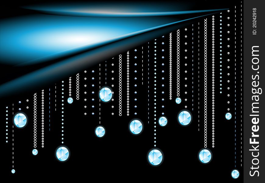 Glowing diamonds and chains on a black background behind a blue drape