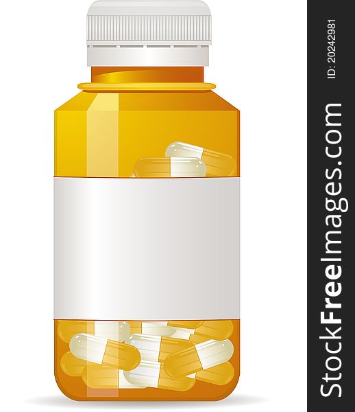 Vector illustration of clear plastic pill bottle, full of pills with sealed cap and label. Vector illustration of clear plastic pill bottle, full of pills with sealed cap and label