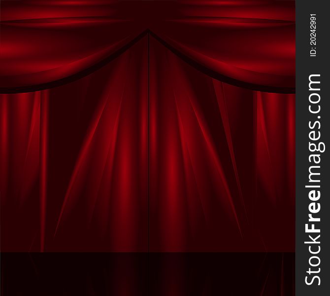 Theatre background with pleated red silk curtains reflected on a black surface. Theatre background with pleated red silk curtains reflected on a black surface