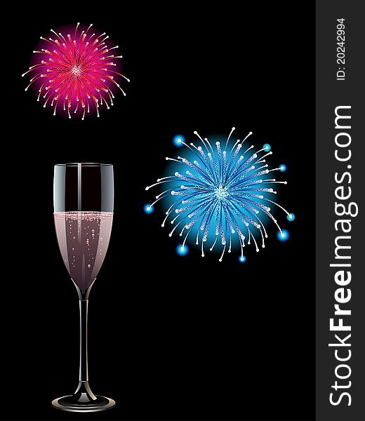 Glass of pink champagne with exploding fireworks. Glass of pink champagne with exploding fireworks