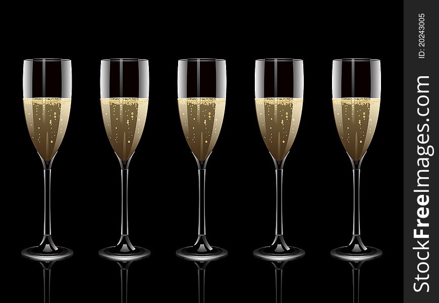 Row of champagne filled glass flutes reflected on a black background. Row of champagne filled glass flutes reflected on a black background