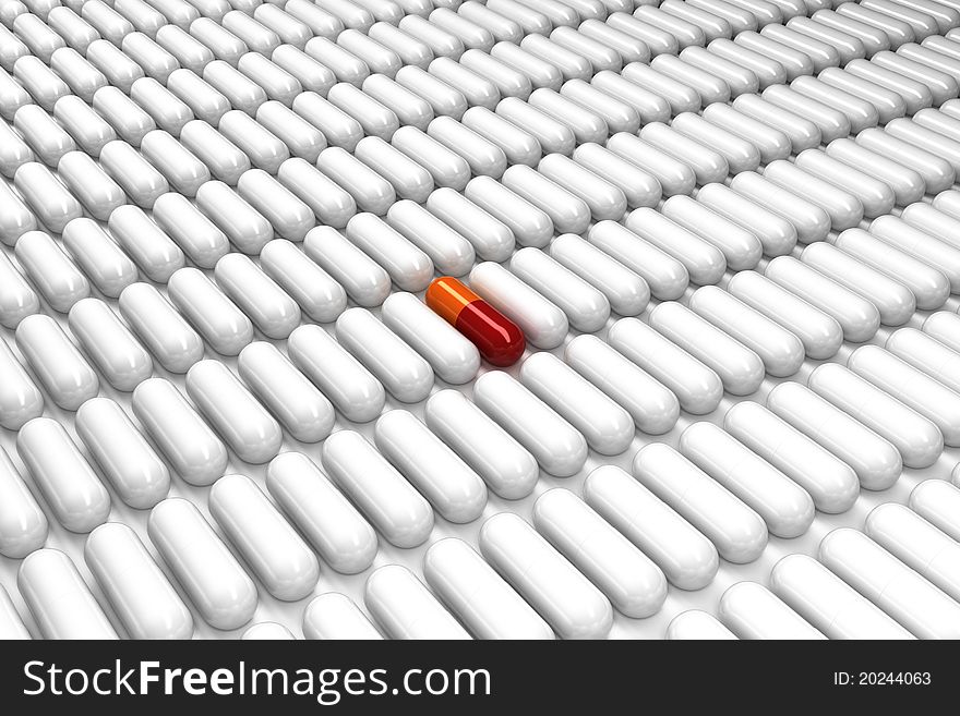 Isolated red pill on white plane