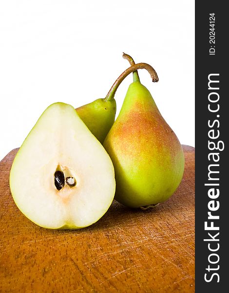 Closeup cut pear on the wood table