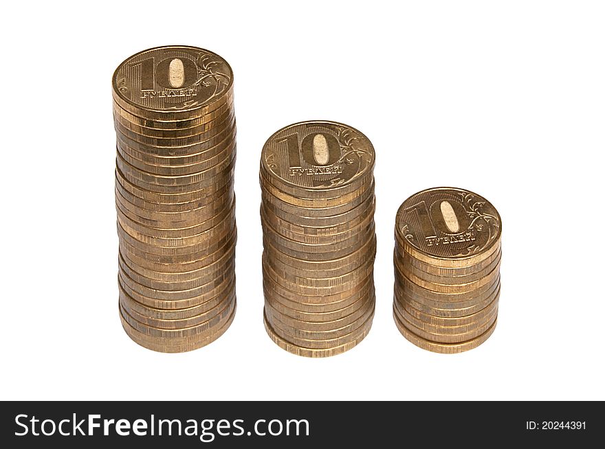 Three columns of ten ruble coin isolated on white background