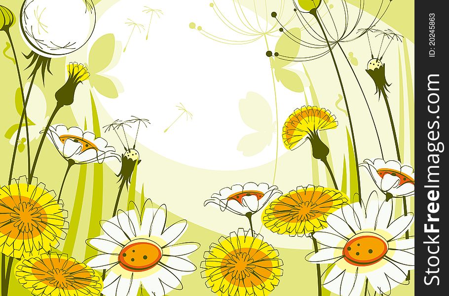 Postcard with daisies and dandelions. Similar to portfolio