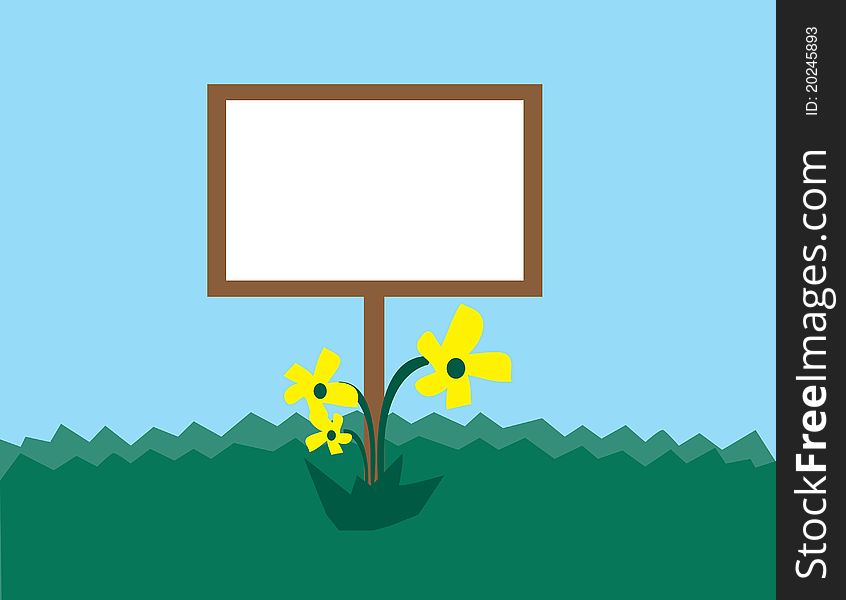 Blank sign in grassy hill with three flowers. Blank sign in grassy hill with three flowers.