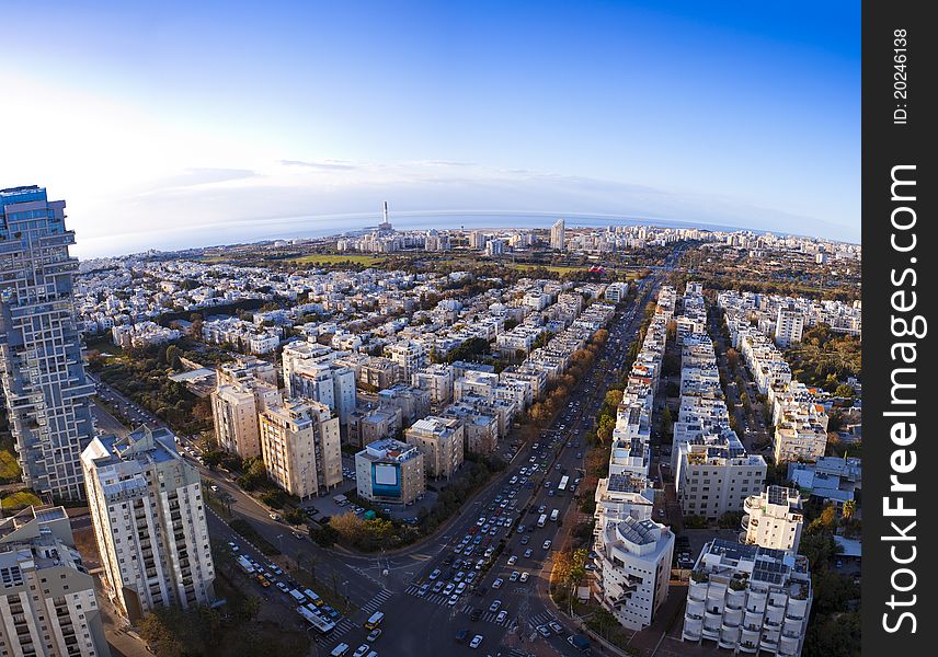 Tel Aviv skyline at sunset / Aerial view of Tel Aviv. Tel Aviv skyline at sunset / Aerial view of Tel Aviv