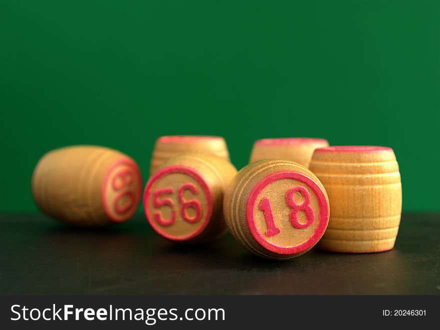 Wooden Barrels With Lotto Games In Red Digits