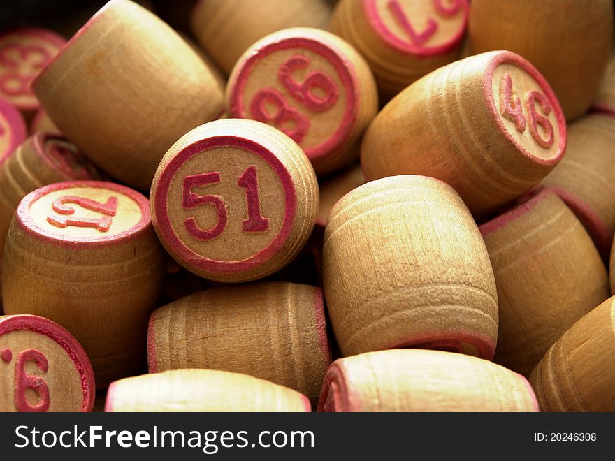 Wooden Barrels With Lotto Games In Red Digits