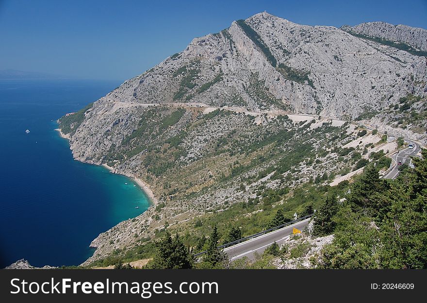 A photograph of the coastal road to Split in Croatia. A photograph of the coastal road to Split in Croatia