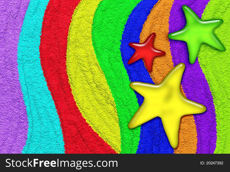 Three Colored Starfishes on Multicolored Sand Background. Three Colored Starfishes on Multicolored Sand Background.