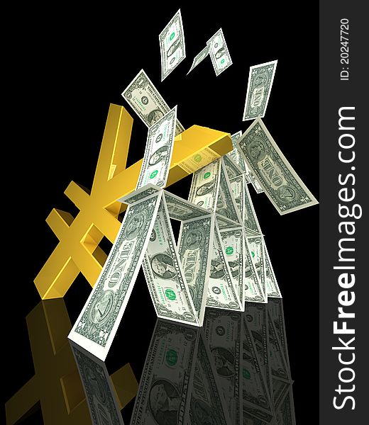 golden yen strikes dollar tower economical metaphor