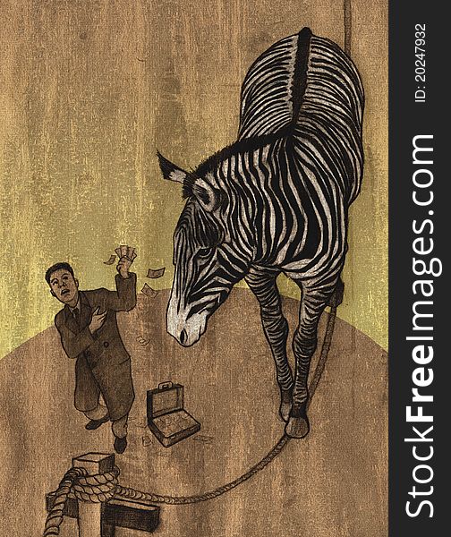 Illustration of a zebra on a rope and a man waving with money. Illustration of a zebra on a rope and a man waving with money.