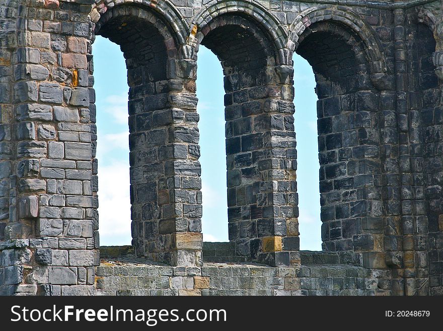 Stone windows from the ruins of an old cathedral in St. Andrews, Scotland