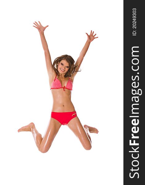 Beautiful Caucasian female teenage jump isolated on white. Beautiful Caucasian female teenage jump isolated on white