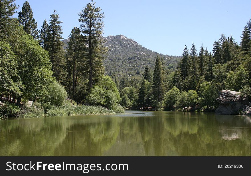Mountains and pines reflected in Lake Fulmor, Idyllwild, CA