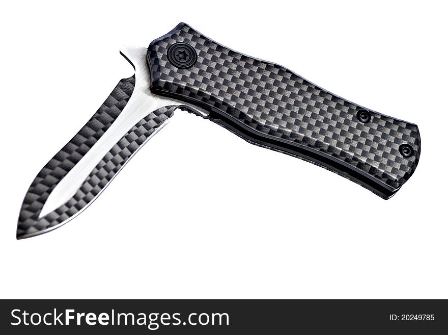 A carbon fiber and stainless steel folding pocketknife. A carbon fiber and stainless steel folding pocketknife.