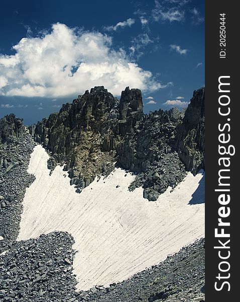 High mountain peak with snow and rocks