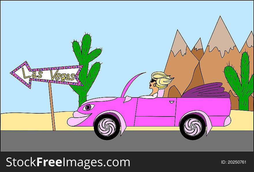 Girl in cabriolet car goes to Las Vegas. Girl in cabriolet car goes to Las Vegas
