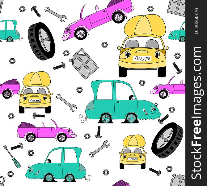 Seamless pattern with cartoon cars and tools on white background. Seamless pattern with cartoon cars and tools on white background