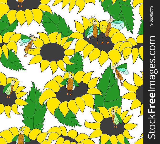 Seamless pattern with funny bugs and sunflowers in simple style