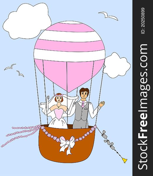 Bride and groom on the balloon simple drawing. Bride and groom on the balloon simple drawing