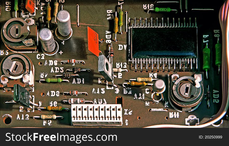 Old microcircuit with transistors, capacitors and conductors