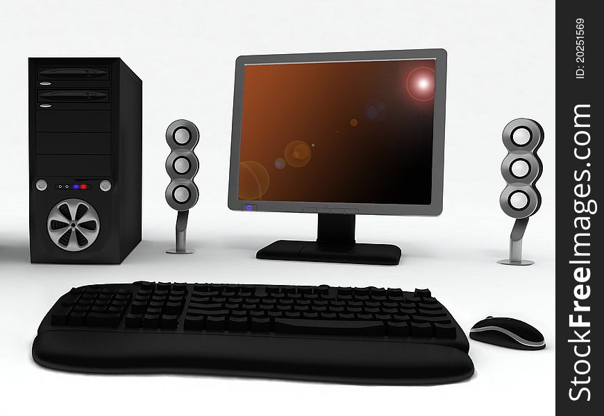 Black computer with speakers and mouse on a white background