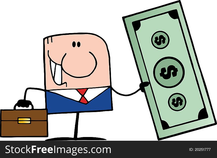 Doodle businessman with a blue suit and tie holding in one hand and briefcase in the other high dollar. Doodle businessman with a blue suit and tie holding in one hand and briefcase in the other high dollar