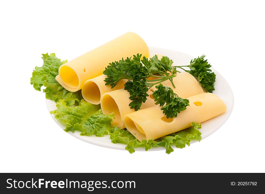 Cheese with greens in a bowl on a white background